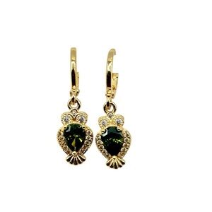 Gold and Green Owl Drop Earrings with Gemstone Halo-New!